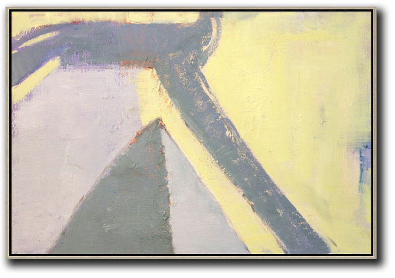 Oversized Horizontal Contemporary Art,Acrylic Painting On Canvas,Yellow,Grey,Purple